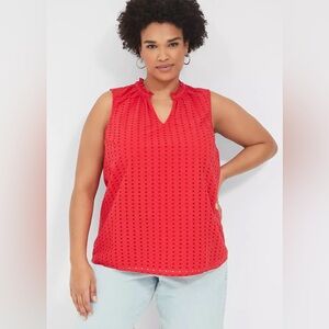 Red Lane Bryant Ruffle-Neck Eyelet and Knit Top